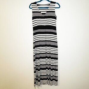 LL Bean Striped Maxi Dress Black White Sleeveless V Neck Size Small Vacation